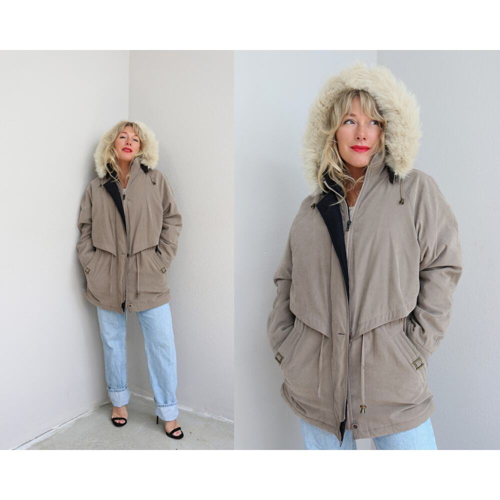 1990's Vintage Worthington Fox Fur Trimmed Beige Duffle Coat ~ Women's SM MD